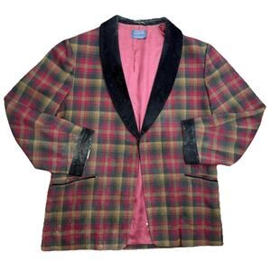 Pendleton Vintage 50s Wool Blazer Men Size XL Velvet Collar Red Tartan Plaid